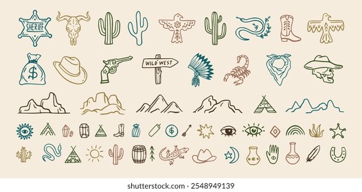 Conjunto de iconos de doodle de cowboy salvaje oeste. Dibujado a mano boho signos de colección. Conjunto de Elementos aztecas del suroeste. Ilustración vectorial