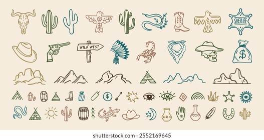 Wild west cowboy doodle icon set. Hand drawn boho signs collection. Aztec southwestern elements set. Vector illustration