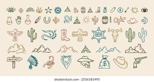 Wild west cowboy doodle icon set. Hand drawn boho signs collection. Aztec southwestern elements set. Vector illustration