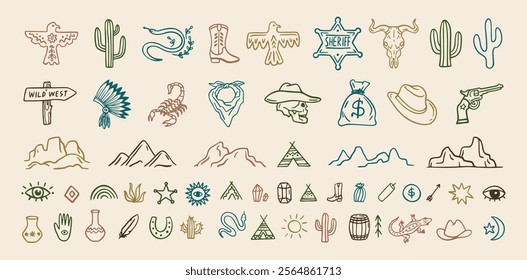 Wild west cowboy doodle icon set. Hand drawn boho signs collection. Aztec southwestern elements set. Vector illustration