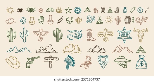 Wild west cowboy doodle icon set. Hand drawn boho signs collection. Aztec southwestern elements set. Vector illustration