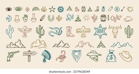 Wild west cowboy doodle icon set. Hand drawn boho signs collection. Aztec southwestern elements set. Vector illustration