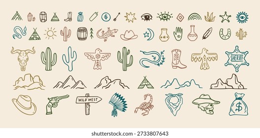 Wild west cowboy doodle icon set. Hand drawn boho signs collection. Aztec southwestern elements set. Vector illustration
