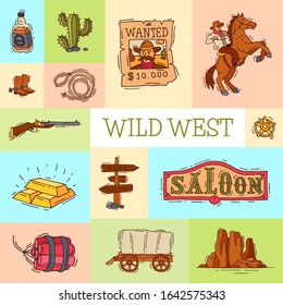 Wild west cowboy elements banner with place for text. Western colorful cowboy, hat, boots and horseshoe poster. Printable for banners, posters. flyers or invitation cards