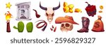 Wild west cowboy elements set - wanted poster, horned cow skull, green cactus, gold nuggets, dynamite bundle, cowboy hat, boot and whip, lasso and sack of money. Vector assets for game ui design.