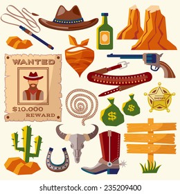 Wild West Cowboy Flat Icons Set With Gun Money Bag Hat Isolated Vector Illustration