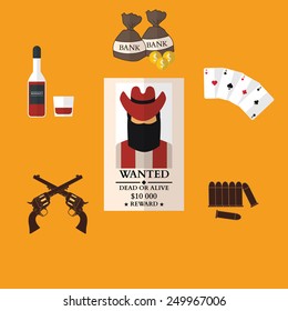 Wild west cowboy flat icons with gun money bag hat isolated vector illustration