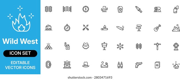 Wild West, Cowboy, and Frontier Life Icon Set - Editable Vector Line Symbols