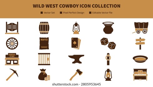 Wild West Cowboy Icon Collection with Western Saloon and Desert Symbols for Vintage Graphic Design and Creative Vector Illustration Projects