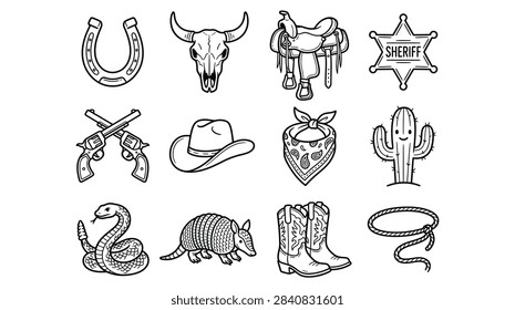 Wild West Cowboy Icons and Elements Black and White Vector Set