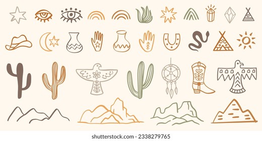 Wild West Cowboy Icons. Hand Drawn Boho Doodles Collection. Aztec Southwestern Graphic Design Decorative Elements Set. Vector Illustration