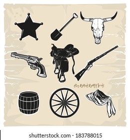 Wild West cowboy icons, vector