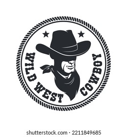 Logo de Wild West cowboy. Insignia retro occidental con vaquero en sombrero.