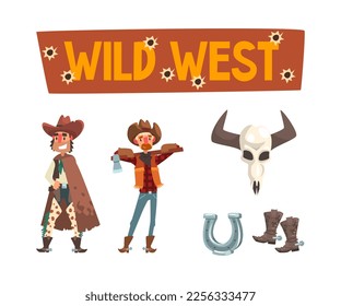Wild West Cowboy Man in Hat and Boots with Horseshoe, Wooden Signboard and Bull Skull Vector Set
