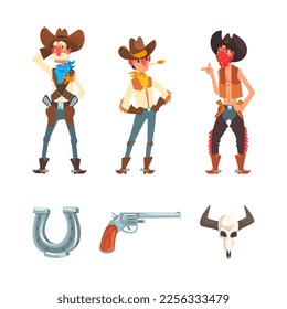 Wild West Cowboy Man in Hat and Boots with Horseshoe, Gun and Bull Skull Vector Set