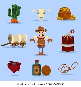 Wild west cowboy objects and design elements with dynamite, skull, flasks and cactus in cartoon isolated vector illustration