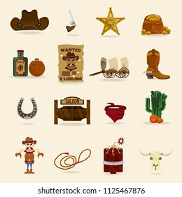 Wild west cowboy objects and design elements with horseshoe, revolver, flasks and cactus, dynamite, skull, in cartoon isolated vector illustration