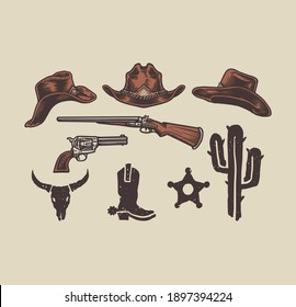 Wild west cowboy objects, hand drawn line style with digital color, vector illustration