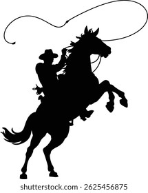 Wild West Cowboy on Horseback Holding Lasso in Action Pose	