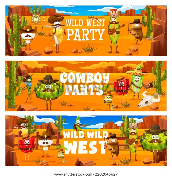 Wild West cowboy party. Cartoon ranger, bandit\
and cowboy vegetable characters with vector Western hats, guns and\
lasso in desert. Funny potato, corn, pepper, mushroom, cabbage and\
radish personages
