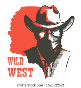 Wild West Cowboy portrait man in bandanna mask. Vector Western bandit man in cowboy hat with text isolated on white