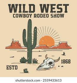 Wild west cowboy rodeo show, Vintage western wild west, cowboy vintage print, Suitable for poster, label, flyer, invitation, t-shirt design. Vector illustration with a skull of bull and lettering 