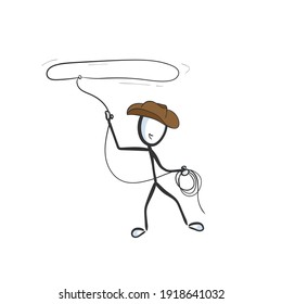 Wild west cowboy with rope. Vector simple cowboy loop. Stickman no face clipart cartoon. Hand drawn. Doodle sketch, graphic illustration