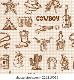 Wild west cowboy seamless pattern on squared background with hat horseshoe sheriff badge vector illustration