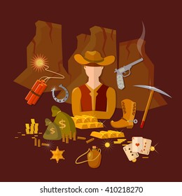 Wild west cowboy set cowboy hat sheriff badge cowboy boots vector illustration 