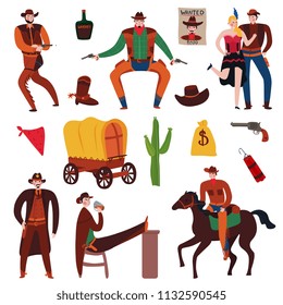Wild west cowboy set of isolated flat icons with vintage stuff and accessories with human characters vector illustration