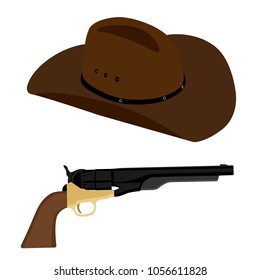 Wild west, cowboy vector icon set, collection. Cowboy hat and revolver