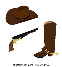 Wild west, cowboy vector icon set, collection. Cowboy boots, hat and revolver