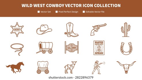 Wild West Cowboy Vector Icon Collection with Flat Color Sheriff Rodeo and Desert Symbols for Graphic Design Projects