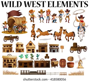 Wild west cowboys and buildings  illustration