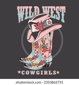 wild west cowgirl cap and boots in desert vibes, Cowgirl boots, disco ball, hat, horseshoe, cactus and lettering. Cowboy western and wild west theme. Hand drawn vector.