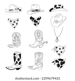 Wild west cowgirl cowboy accessories  Western Rodeo retro boots  hat  bandana  Black   white vector illustration isolated white  