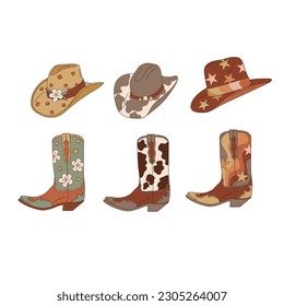 Wild west cowgirl cowboy accessories. Western Rodeo retro boots, hat. Vector illustration isolated on white. 