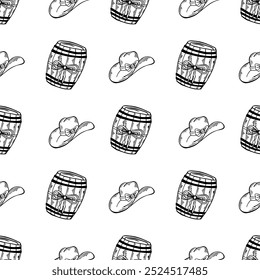 Wild west cowgirl hat with coquette bows and barrel seamless pattern. Hand drawn black outline western vector illustration.