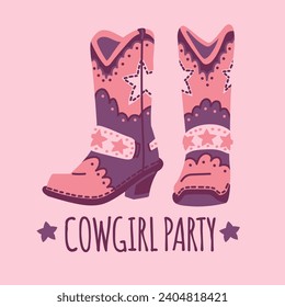 Botas rosadas de vaquera del oeste salvaje con estampado de estrellas. Estilo vintage de zapatos de cuero para vaquera. Calzado femenino occidental en afiche vectorial de la fiesta Cowgirl. Botas de rodeo, accesorio retro oeste