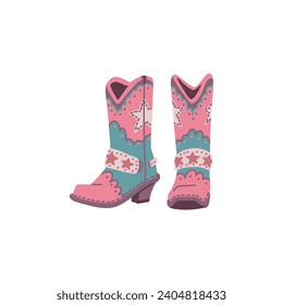 Wild west cowgirl pink boots with stars print. Leather shoes vintage style for cowgirl. Western female footwear. Rodeo boots, retro west accessory vector illustration isolated on white