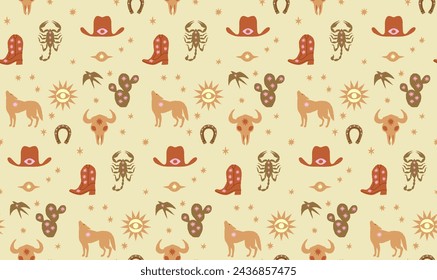 Wild west coyote and cowboys stuff seamless pattern. Boho hand drawn background