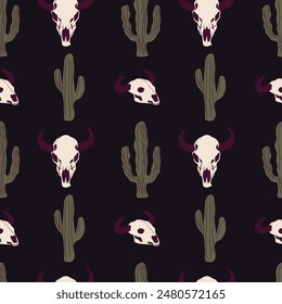 Wild west dark ornament. Vector seamless pattern with buffalo skulls and cacti.