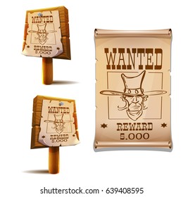 Wild west decoration - wooden board and poster with cowboy face and the inscription is wanted. Vector illustration.