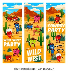 Wild West desert, cartoon western berry cowboy, sheriff, ranger and bandit characters. Vector party banners with funny cranberry, honeyberry, grapes and strawberry. Raspberry, rosehip or gooseberry