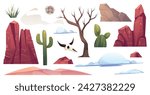 Wild west desert landscape elements for composition. Vector isolated mountain hills, cactus and dry tree. Bush and sand dunes, fluffy cloud and tumbleweed, skull of dead animal with horns