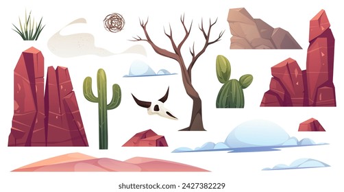 Elementos del paisaje del desierto del oeste salvaje para la composición. Vector aislado de las colinas de montaña, cactus y árbol seco. Arbusto y dunas de arena, nube esponjosa y planta rodante, cráneo de animal muerto con cuernos