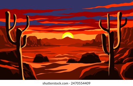 Paisaje del desierto del oeste salvaje con el cielo rojo brillante de la puesta del sol