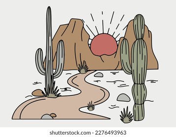 Wild west desert landscape with mountains and cactus. retro cartoon vector illustration