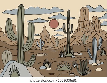 Paisaje salvaje del desierto del oeste con las montañas y el cactus. Ilustración vectorial de dibujos animados retro