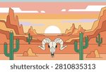 Wild west desert landscape with tall green saguaro cacti and a geometric ram skull under a lovely sunset sky.